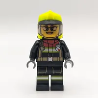Firefighter, Black Suit, Vibrant Green Helmet with Visor, Glasses