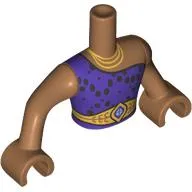 Minidoll Torso Man with Gold Necklaces, Belt, Bright Light Blue Jewel, Dark Purple Dress, Black Spots print, Medium Nougat Arms and Hands