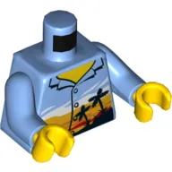 Torso Hawaii Shirt, Palm Trees, Sunset '2018 THE LEGO STORE MCALLEN TX' Print, Medium Blue Arms, Yellow Hands