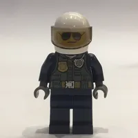 Policeman, Dark Bluish Gray Vest with Radio and Badge over Dark Blue Shirt, White Helmet with Visor, Sunglasses