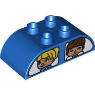 Duplo Brick 2 x 4 Curved Top - Double Windows with printed Figures on Both Flat Sides - Side A Male and Dog - Side B Male and Female