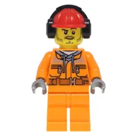 Construction Worker, Safety Jacket over Hoodie with Belt, Orange Legs, Red Hard Hat with Ear Defenders, Stubble