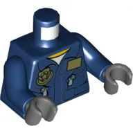 Torso Flight Suit Jacket with Name Tag and Police Badge, Zippered Pockets Print, Dark Blue Arms, Dark Bluish Gray Hands