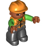 Duplo Figure with Construction Helmet Orange, with Orange Vest over Green Shirt, Medium Nougat Face and Hands, and Black Legs