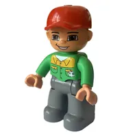 Duplo Figure with Cap Red, with Bright Green Long Sleeve Shirt with Light Orange Collar and Pocket Flaps - Nougat Face with Closed Mouth Smile - Dark Bluish Gray Legs