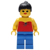 Woman, Red Halter Top, Blue Legs, Black Hair