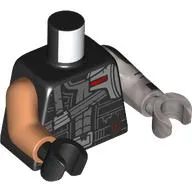 Torso, Odd Arms and Hands, Space Suit, Silver Straps, Armor, Red Details print, Left Flat Silver Arm and Light Bluish Gray Hand, Right Nougat Arm and Black Hand