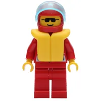 Racer, Red Jacket with Octan Logo and 'RACING', Red Legs, Red Helmet with Star and Visor, Yellow Life Vest, Sunglasses