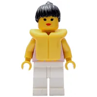 Woman, Tied Pink Tank Top with Flowers, White Legs, Black Hair, Yellow Life Vest