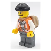 Criminal, Open Orange Safety Vest Over Prison Shirt, Black Hat, Moustache