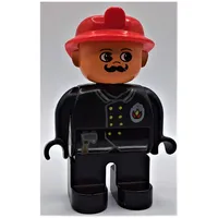 Duplo Figure, Early, Fire Helmet Red, Black Legs, Gold Buttons, Axe, Fire Badge, Moustache Print