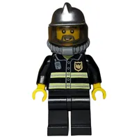 Fireman, Black Fire Jacket with Radio and Badge, Silver Helmet with Visor, Airtanks, Breathing Apparatus, Beard
