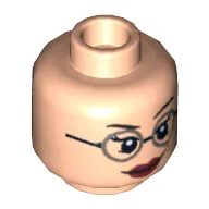 Minifig Head Harleen Quinzel (Harley Quinn), Dual Sided, Dark Red Lips and Glasses / Black Eyemask, White Face Paint and Open Mouthed Smile Print [Hollow Stud]