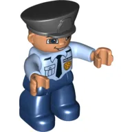 Duplo Figure with Police Style Hat Black, with Bright Light Blue Top with Badge and Tie, Nougat Face and Hands, and Dark Blue Legs