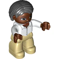Duplo Figure Bob / Pageboy Hair Black, with Dark Brown Face - White Top with Buttons and Necklace - Tan Legs