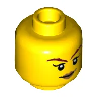 Minifig Head Skylor, Dual Sided, Dark Red Eyebrows, Dark Tan Lips, Smile / Bright Light Orange Mask Print [Hollow Stud]