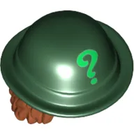 Hair and Hat, Bowler, Dark Orange Wavy Shoulder Length Hair, with Bright Green Question Mark Print