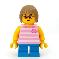 Girl, Bright Pink Striped Top with Cat Head, Short Dark Azure Legs, Dark Tan Hair, Glasses