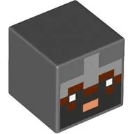 Minifig Head Special, Cube with Pixelated Black, Light Bluish Gray, smf Reddish Brown Face, White Eyes Print