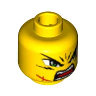 Minifig Head Takeshi, Dual Sided, Green Eyes, Frown, Scar / Open Mouth Print [Blocked Open Stud]