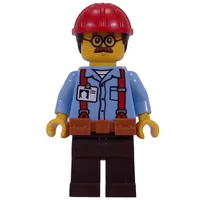 Construction Worker, Ted Brickle, Bright Light Blue Shirt, Reddish Brown Legs, Dark Orange Belt, Red Helmet