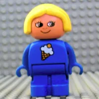 Duplo Figure, Early with Joined Legs Blue, with Ice Cream Cone Print, and Yellow Hair