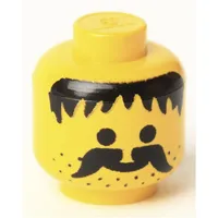 Minifig Head, Moustache, Stubble and Messy Hair Black Print [Solid Stud]