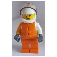 Racer, Woman, White and Orange Jumpsuit with 'VITA RUSH', White Helmet with Visor, Orange Life Vest