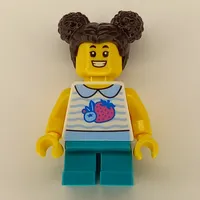 Girl, White Vest, Short Dark Turquoise Legs, Dark Brown Hair