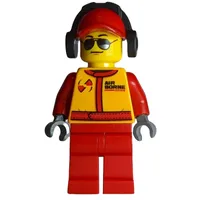 Racer, Red and Orange Jumpsuit, Red Cap with Ear Defenders, Sunglasses