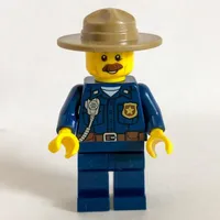 Mountain Police Chief, Dark Blue Shirt with Radio and Badge, Campaign Hat, Moustache