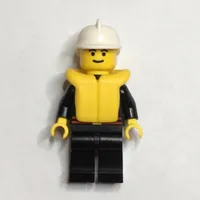 Fireman, Black Fire Jacket with Red Belt and Badge, White Helmet, Yellow Life Vest