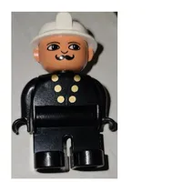 Duplo Figure, Early, Fire Helmet White, Black Legs, Gold Buttons, Moustache Print