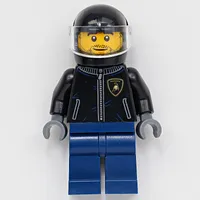 Race Driver, Black Racing Jacket, Dark Blue Legs, Black Helmet, Stubble