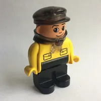 Duplo Figure, Early, with Flat Cap Trans-Brown, Black Legs, Bandana, Pockets Print (Intelli-Train Driver)