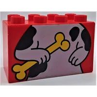 Duplo Brick 2 x 4 x 2 with White Dog, Black Spots, Top Half Holding Bone Print