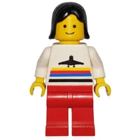 Woman, White Shirt with Airplane, Red Legs, Black Hair