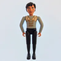 Belville Figure Fixed Elbows, Male, Black Hair, Black Pants, Light Blue Shirt with White and Gold Fur Pattern on Shoulders and Gold Fastenings on Front