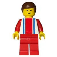 Man, White Top with Large Red Stripe and 2 Blue Stripes, Red Legs, Brown Hair (3626b Head)