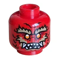 Minifig Head Dragonian Warrior, Dark Red Scales, Orange Eyes, Dark Tan Eyebrows, Facial Hair, White Fangs, Flames on Back