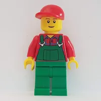 Man, Green Overalls over Red Shirt, Red Cap, Brown Eyebrows, Reddish Brown Eyebrows