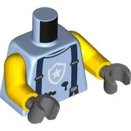 Torso, White Police Badge, Dark Blue Suspenders, Black Stains print, Yellow Arms, Dark Bluish Gray Hands