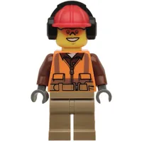 Construction Worker, Orange Safety Vest with Zipper over Reddish Brown Shirt, Dark Tan Legs, Red Hard Hat with Ear Defenders, Orange Safety Glasses