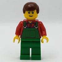 Man, Green Overalls over Red Shirt, Reddish Brown Hair, Reddish Brown Eyebrows