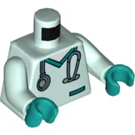 Torso Medical Scrubs, Dark Turquoise Pocket and Collar, Stethoscope Print, Light Aqua Arms, Dark Turquoise Hands