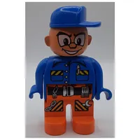 Duplo Figure, Early, Cap Blue, Orange Legs with Belt, Pen, Chain, Radio, and Wrench Print (Action Wheeler)