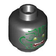 Minifig Head Scout / Warrior, Olive Green Eyes, Sharp Teeth, Fangs, Red Mouth, Green Tribal Tattoos Print [Hollow Stud]