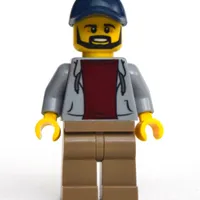 Man, Light Bluish Gray Open Hoodie, Dark Tan Legs, Dark Blue Cap, Beard