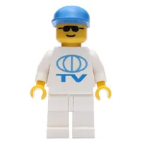 Man, White Shirt with TV Logo, Blue Cap, Sunglasses