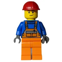 Worker, Orange Overalls over Blue Sweater, Red Hard Hat